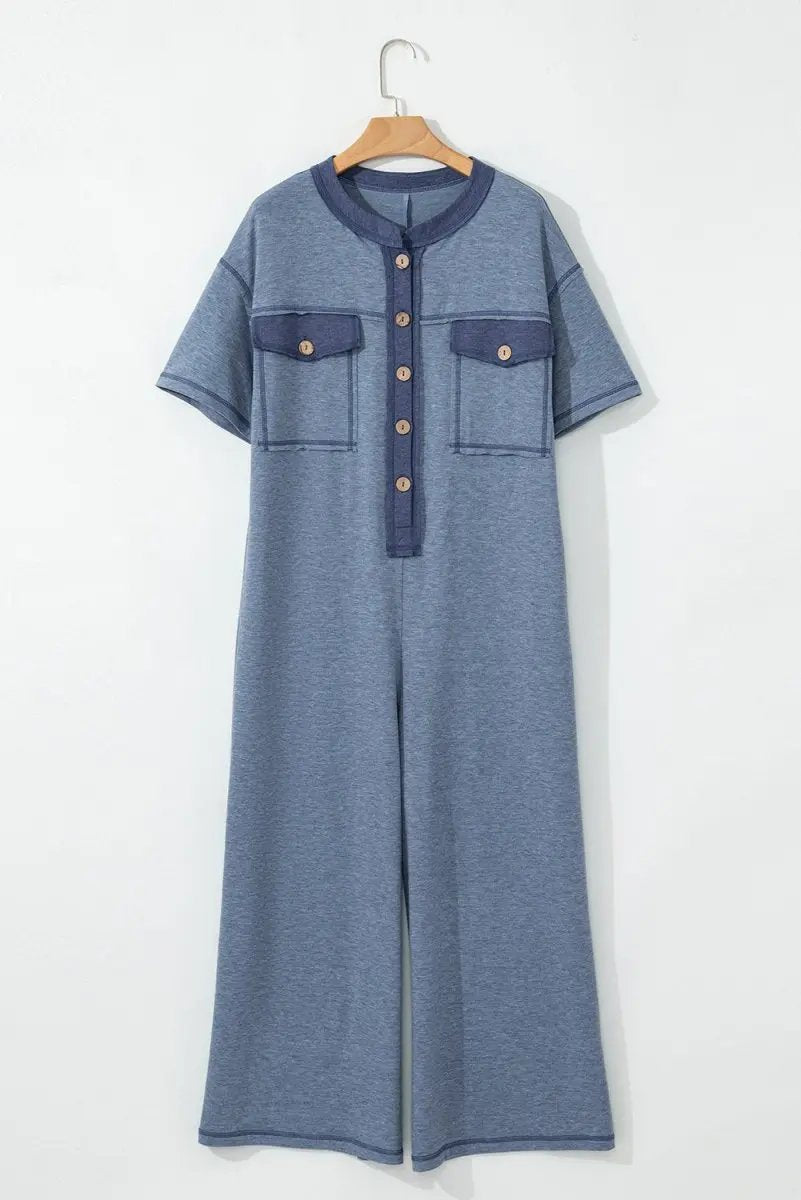 Beau Blue Half Placket Chest Pockets Short Sleeve Jumpsuit - Love Salve